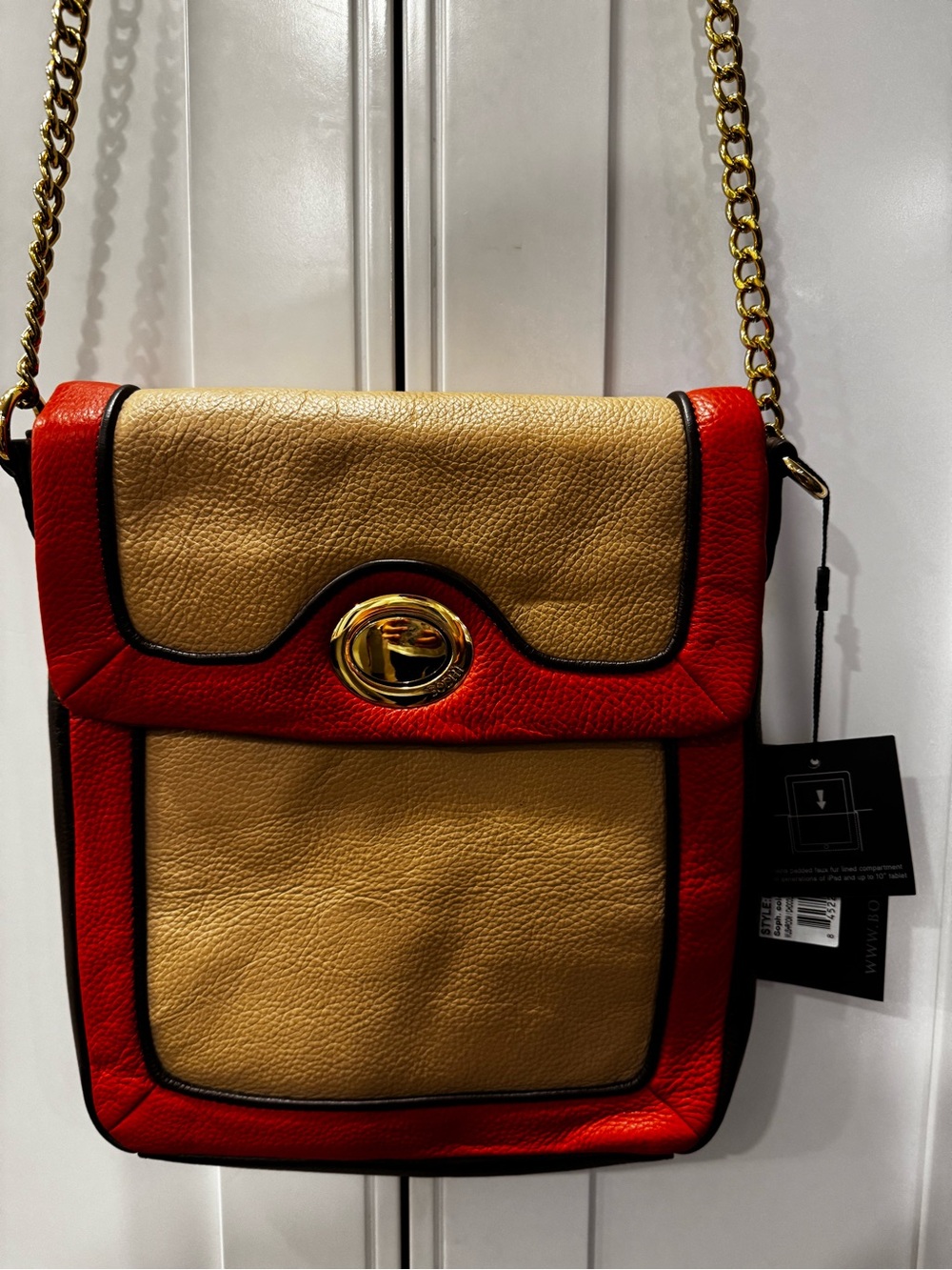 Bodhi Women’s Leather Gold Tone Chain Crossbody Handbag Purse Orange and Tan